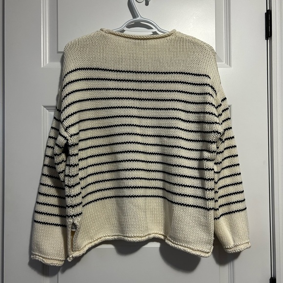 Zara Boxy Roll Neck Oversized Striped Cream and Navy Cotton Knit Sweater - Picture 3 of 10